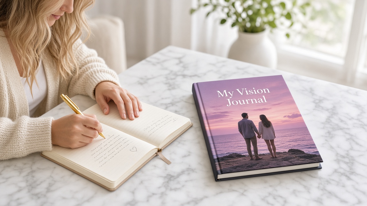 Writing in a journal beside a custom sunset vision journal