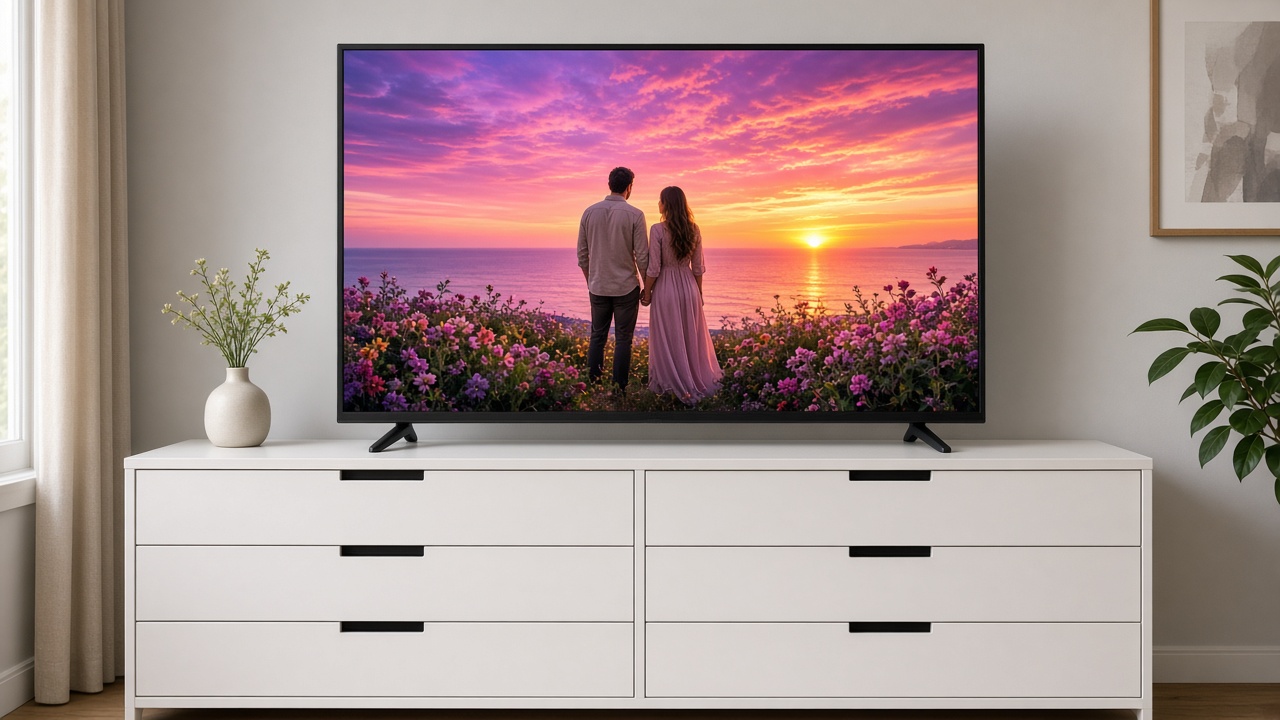 TV on a white dresser playing a personalized sunset vision