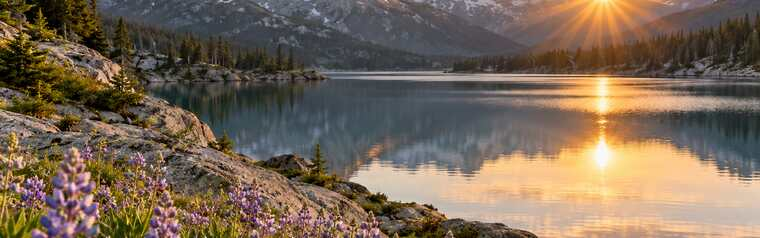 Serene lake reflecting a soft sunrise sky