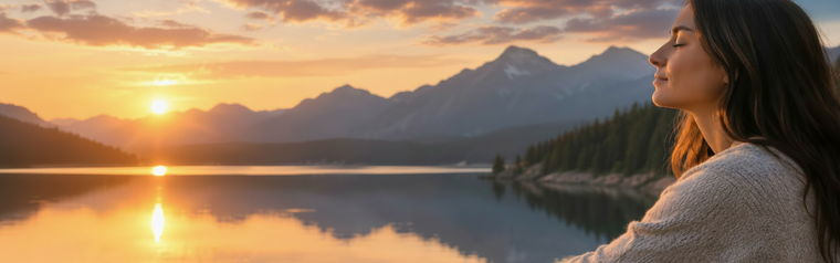 Woman meditating with eyes closed against a mountain sunset