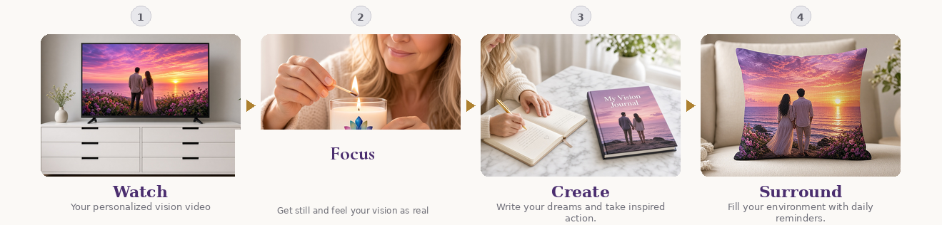 Four steps to immerse in what you’re creating: 1 Watch your personalized video, 2 Feel it as already real, 3 Write down your dreams, 4 Surround yourself with daily reminders